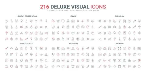 Different religions line icon set, Judaism Christianity Islam Buddhism Illustrazione stock