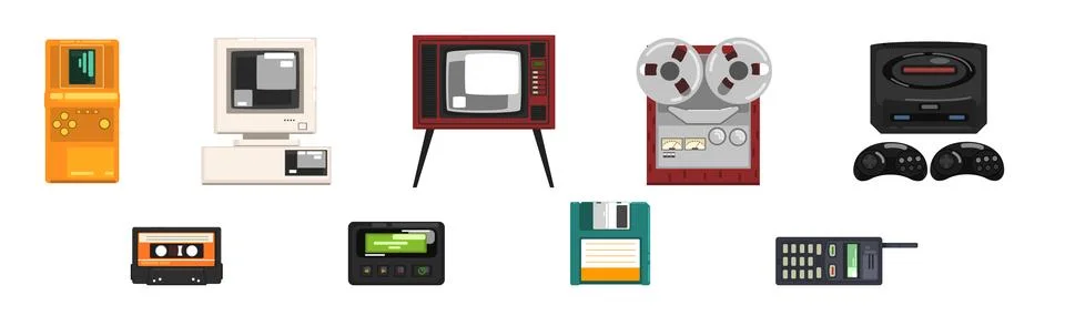 Different Retro Gadget and Electronic Device Vector Set Illustrazione stock