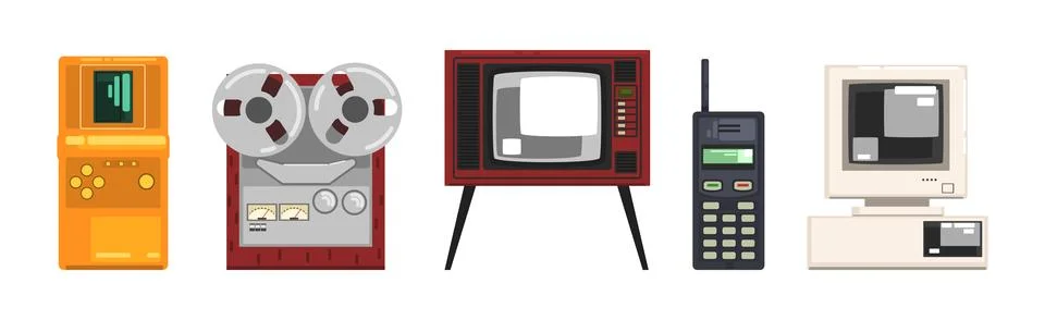 Different Retro Gadget and Electronic Device Vector Set Illustrazione stock