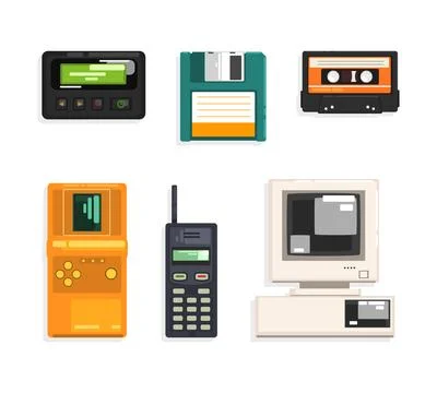 Different Retro Gadgets with Floppy, Cassette, Phone, Computer and Tetris Vector 스톡 일러스트