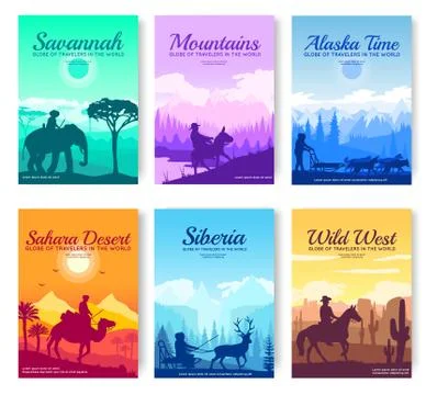 Different riders of the world vector brochure cards set. Colorful landscape Stock Illustration