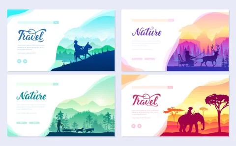 Different riders of the world vector brochure cards set. Colorful landscape Stock Illustration