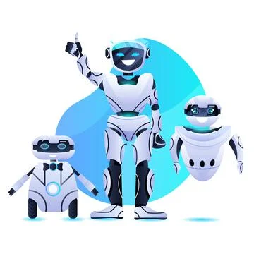 Different robots standing together modern robotic characters team artificial Stock Illustration