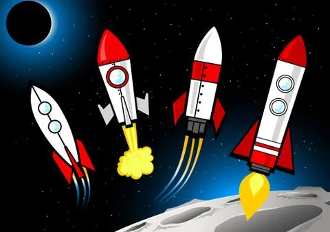 Different rockets types in deep space next to moon Stock Illustration