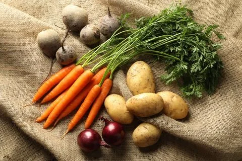 Different root vegetables on burlap fabric, flat lay Stock Photos