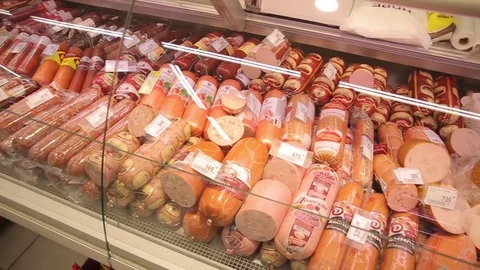 Different Russian producers of meat products, sausages Stock Footage 75489644