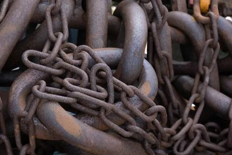 Different rusty, old chains from sea ships Stock Photos