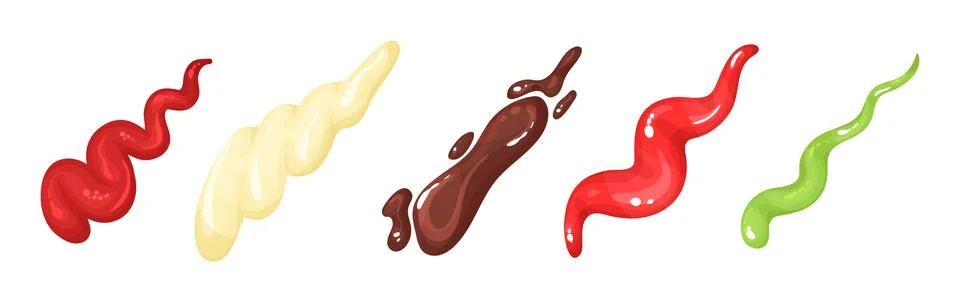 Different Sauce Splashes Squeezed from Bottles Vector Set Stock Illustration