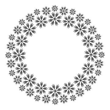 Different scale snowflakes Round frame border. Black and white frame with copy Illustrazione stock