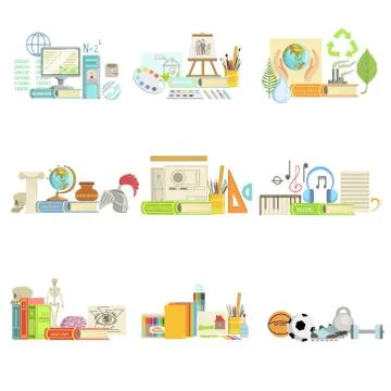 Different School Classes And Sciences Related Objects Cmpositions Stock Illustration
