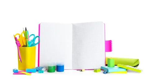 Different school stationery and blank notebook on white background. Space for Stock Photos