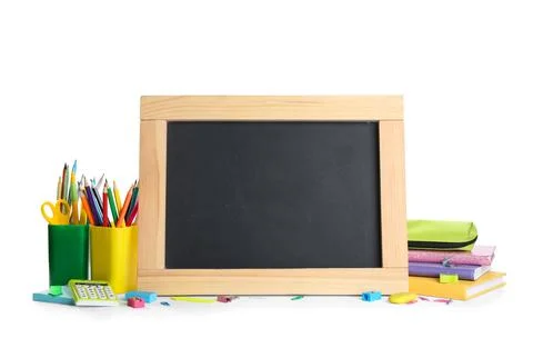 Different school stationery and small blank chalkboard on white background. S Stock Photos