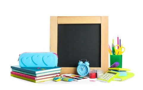Different school stationery and small blank chalkboard on white background. S Stock Photos