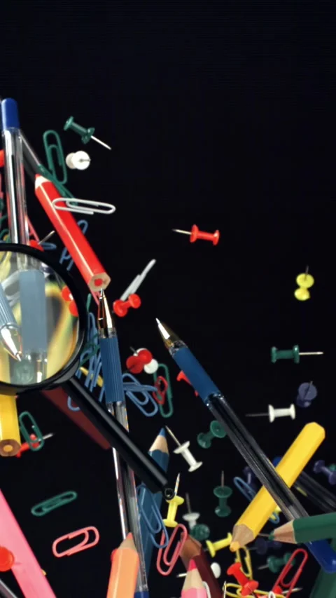 Different school tools fly up and down. Back to school. Filmed on a high-speed Stock Footage 335365545