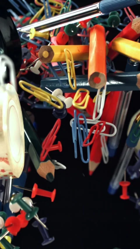 Different school tools fly up and down. Back to school. Filmed on a high-speed Stock Footage 335370722