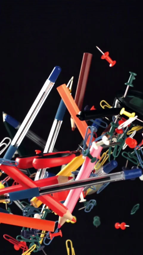 Different school tools fly up and down. Back to school. Filmed on a high-speed Stock Footage 335371638