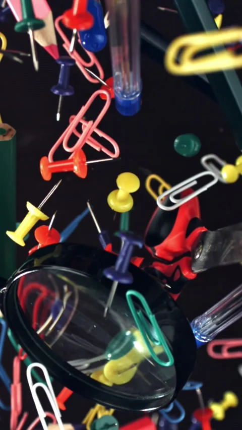 Different school tools fly up and down. Back to school. Filmed on a high-speed Stock Footage 335377941