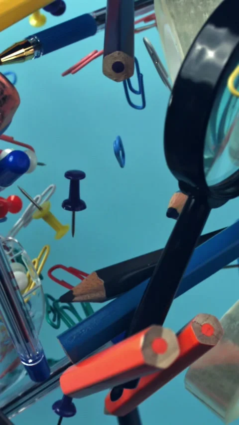 Different school tools fly up and down. Back to school. Filmed on a high-speed Stock Footage 335378857