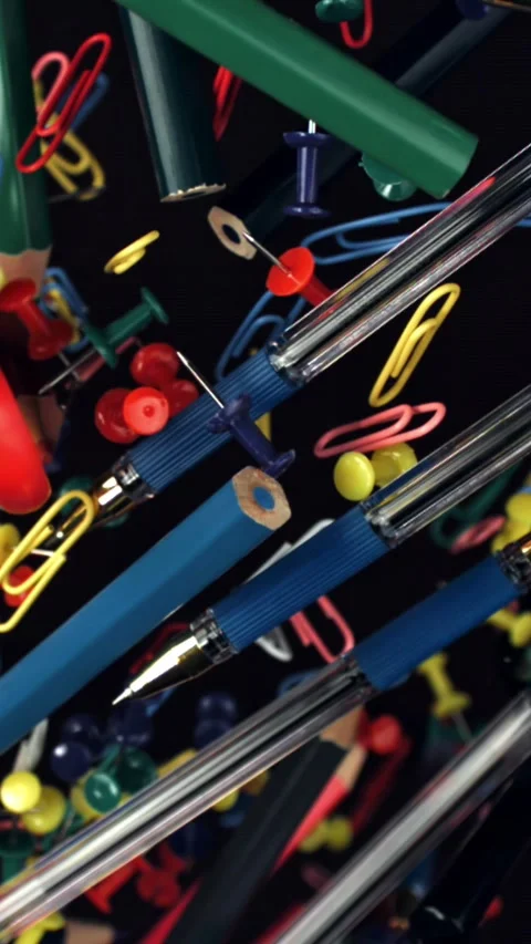 Different school tools fly up and down. Back to school. Filmed on a high-speed Stock Footage 335378952