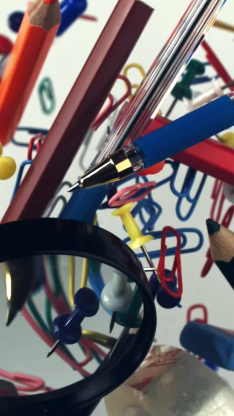 Different school tools fly up and down. Back to school. Filmed on a high-speed Stock Footage 335379368