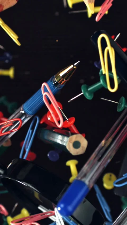 Different school tools fly up and down. Back to school. Filmed on a high-speed Stock Footage 335380603