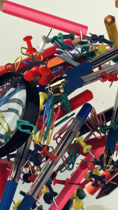 Different school tools fly up and down. Back to school. Filmed on a high-speed Stock Footage 335380888