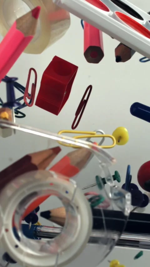 Different school tools fly up and down. Back to school. Filmed on a high-speed Stock Footage 335384131