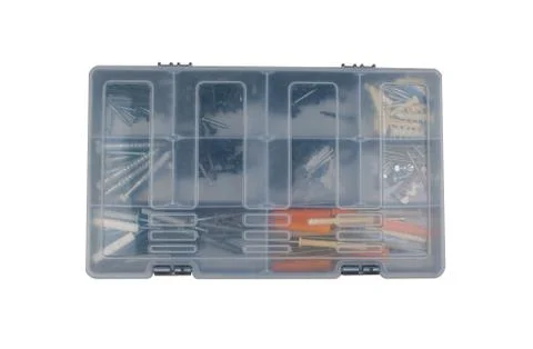Different screws and nails in the box. Maintenance, reparing concept. Case wi Stock Photos
