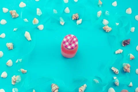 Different sea shells on blue background Top view flat lay Stock Photos