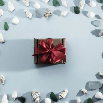 Different sea shells on gray background Top view flat lay Stock Photos