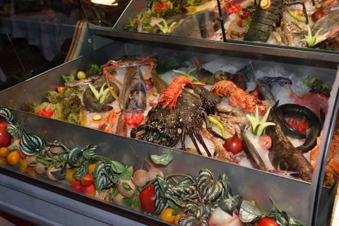 Different seafood at a restaurant Stock Photos