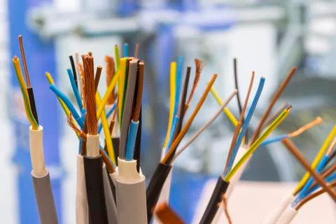 Different separation power cables on the showcase close up. Industry Foto stock