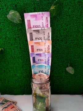 Different set of Indian rupees kept in glass bottle with money plants covered Stock Photos