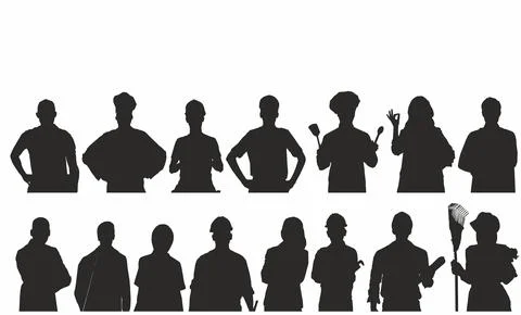 Different set of people occupation silhouette professionals career jobs Stock Illustration