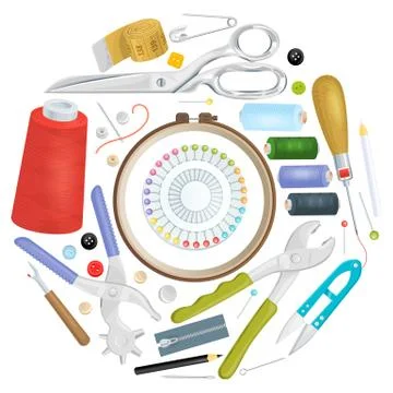 Different sewing tools folded in shape circle, bright advertising poster for Иллюстрация