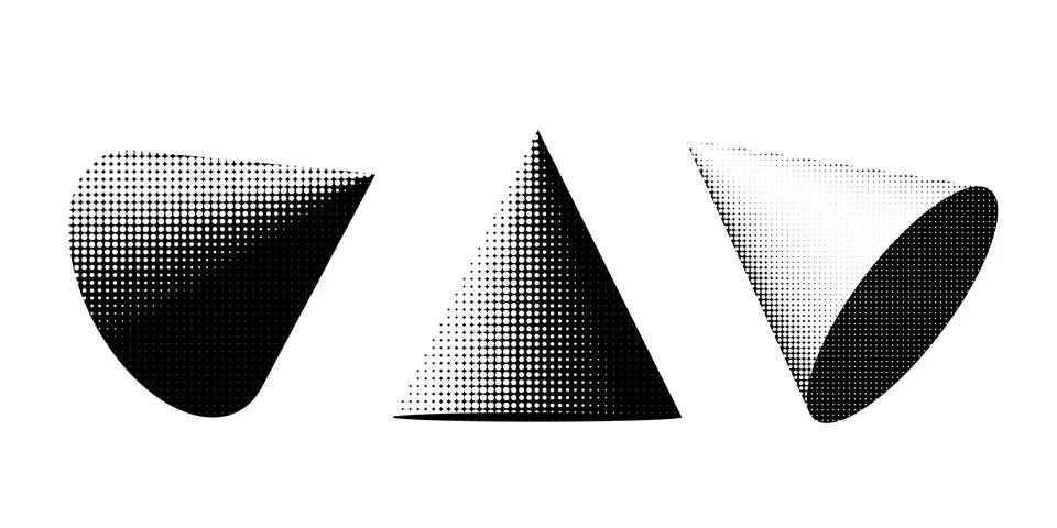 Different shaded halftone dotted cones isolated on white background, halfto.. Illustrazione stock