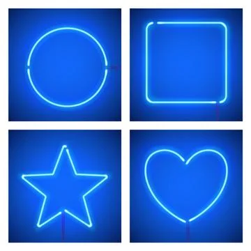Different shape blue neon frames. Vector realistic neon star, square, circle and Illustrazione stock