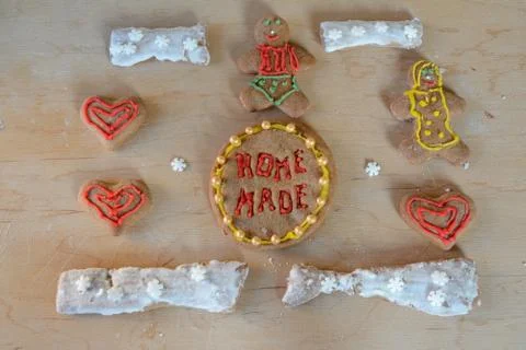 Different shape gingerbreads. Home made text on one of them. Stock Photos