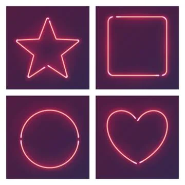 Different shape pink neon frames. Vector realistic neon star, square, circle and Stock Illustration