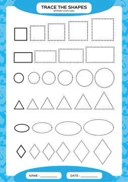 Different shape sizes. Learning Basic Shapes. Trace, and Draw. Worksheet for Illustrazione stock