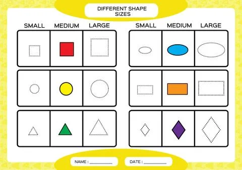Different shape sizes. Small, medium, large. Learning Basic Shapes. Color, Trace Illustrazione stock