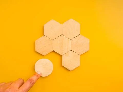 Different shape trying to fit into structured system concept with wooden ge.. Stock Photos