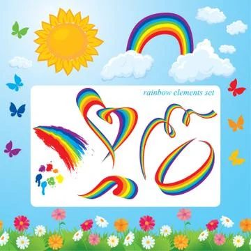 Different shapes of rainbows, clouds, sun, butterflies and flowers. set of su Stock Illustration