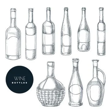 Different shapes of wine bottles. Vector sketch isolated illustration. Wine l Illustrazione stock