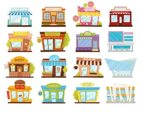 Different Shops and Department Store Facade and Front Exterior Big Vector Set Ilustración de archivo
