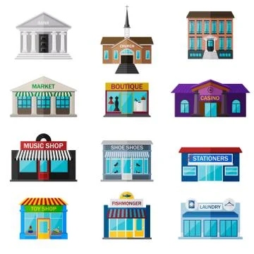 Different shops, institutions and stores flat icon set isolated on white Stock Illustration