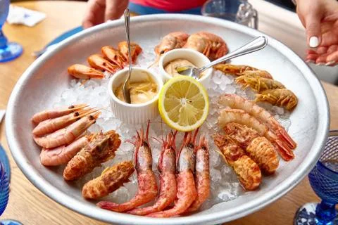 Different shrimp( nerd, bear and others), ice on ice with sauce. Stock Photos