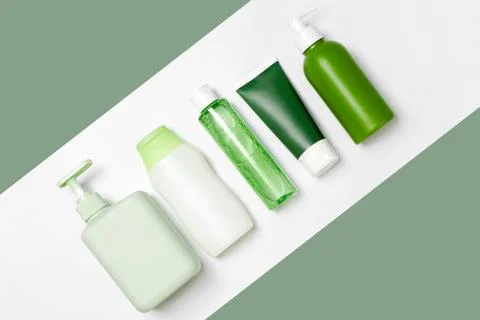 Different size and shapes containers for cleanser toner tonic conditioner, so Stock Photos