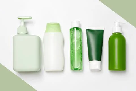 Different size and shapes containers for cleanser toner tonic conditioner, so Stock Photos