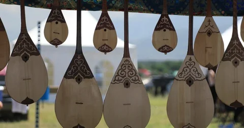 Different size of Dombra the Kazakh national musical Instrument. Stock Footage 105556053